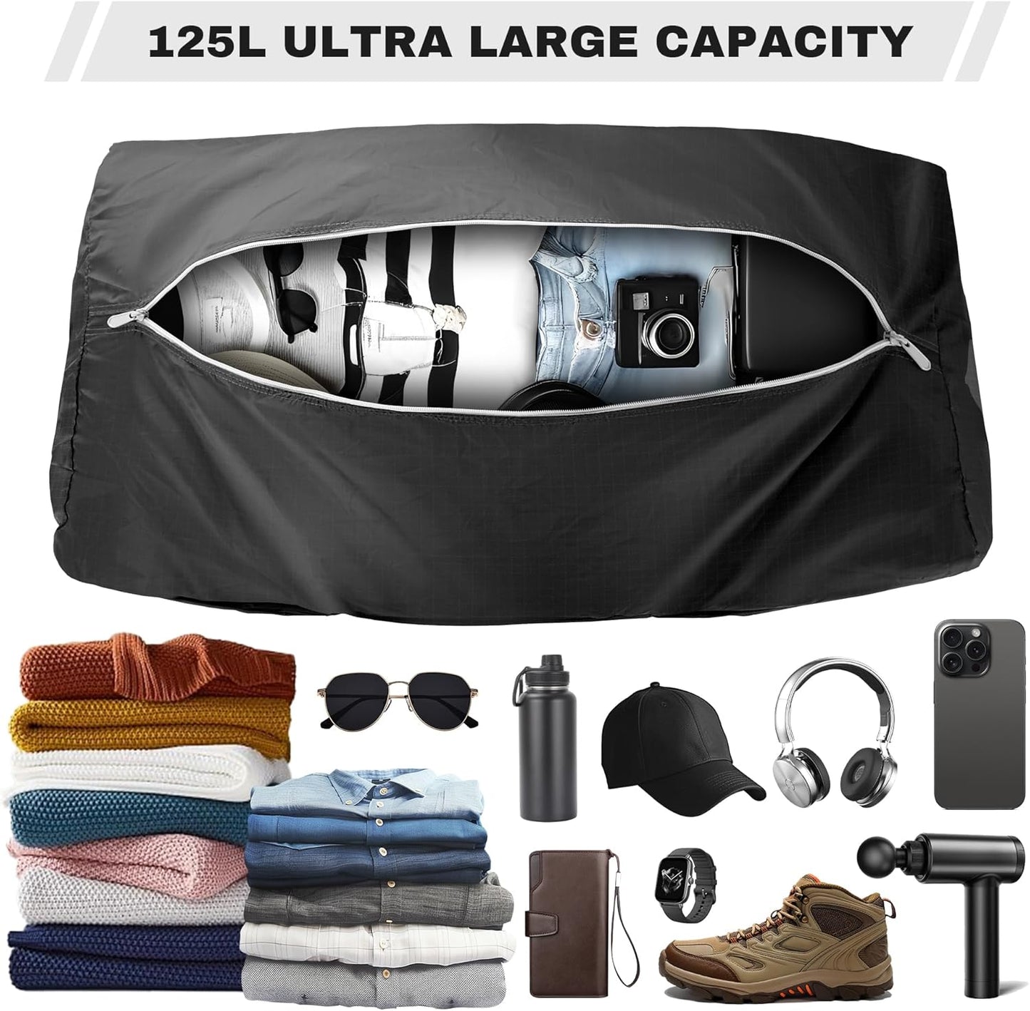 125L Foldable Duffel Bag, Lightweight and Waterproof for Travel - Black