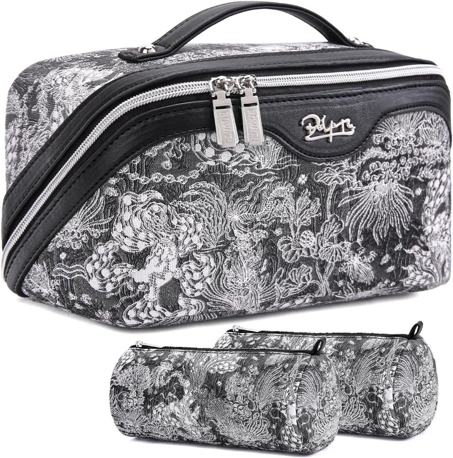 BOYATU Travel Makeup Bag for Women: Large Capacity Make up Bag with Compartments - Vegan Leather Cosmetic Bag set of 3 - Waterproof Toiletry Bag with Handle & Divider(E-2-Black)