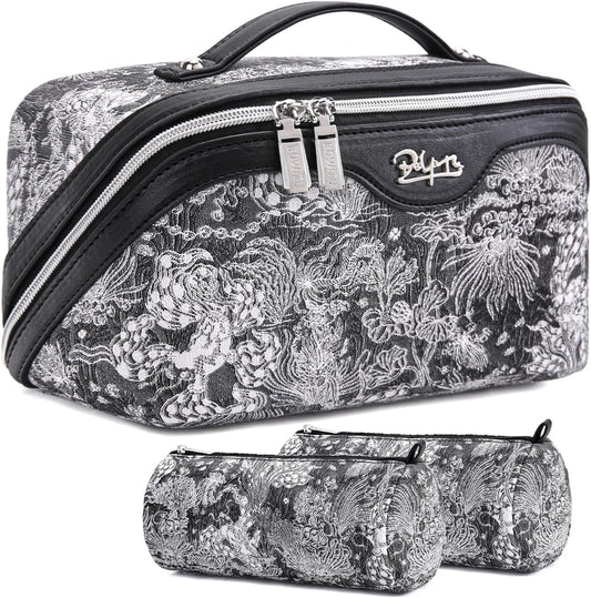 BOYATU Travel Makeup Bag for Women: Large Capacity Make up Bag with Compartments - Vegan Leather Cosmetic Bag set of 3 - Waterproof Toiletry Bag with Handle & Divider(E-2-Black)