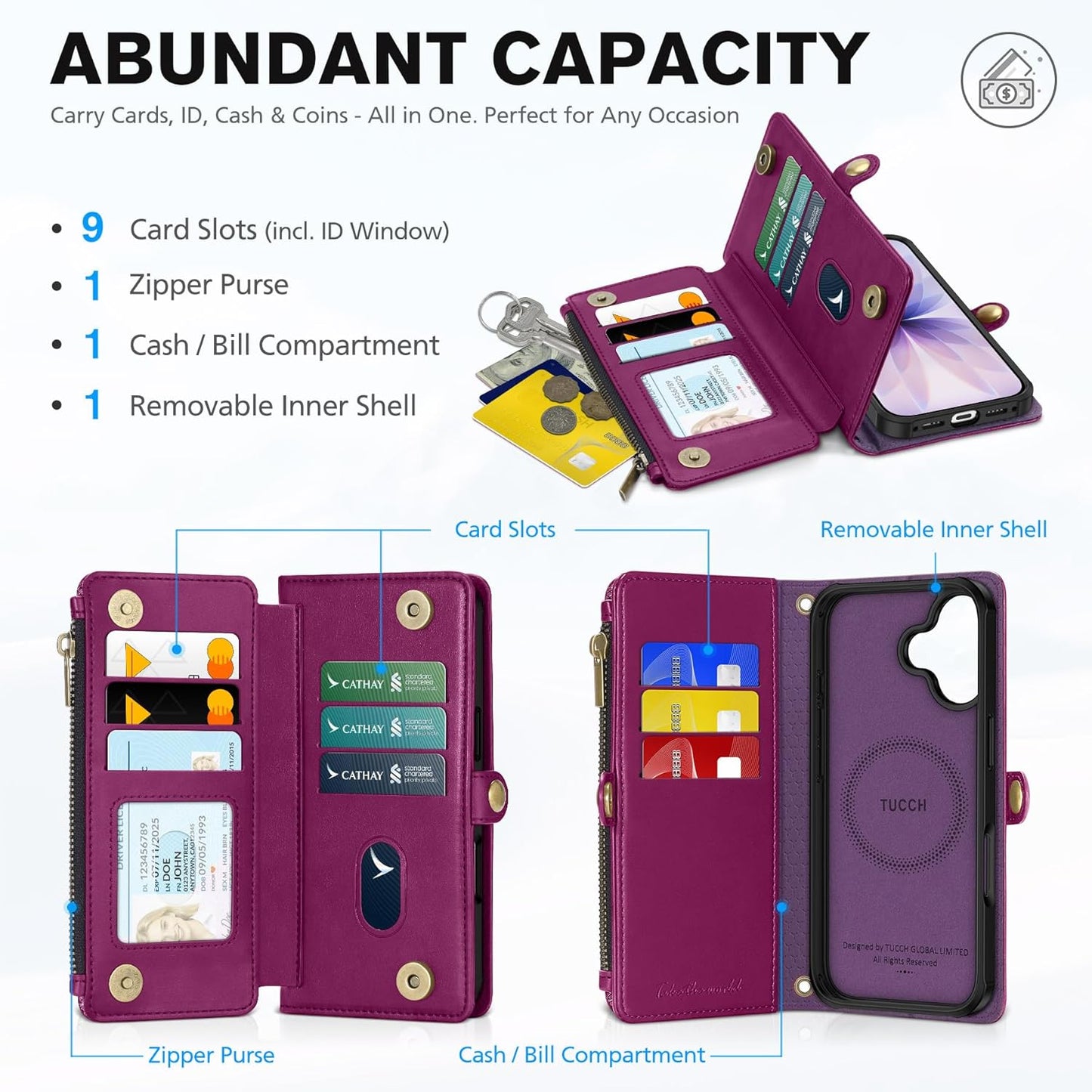 TUCCH Crossbody Detachable Wallet Case for iPhone 17 (6.3") 2025, 9 Card Holders RFID Blocking, Wireless Charging, Stand, Wrist Strap, Lanyard, Zipper Pocket, PU Leather Shockproof Cover, Plum Purple