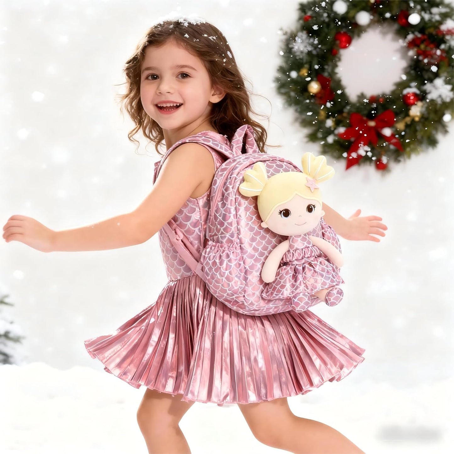 Lazada Toddler Backpack - Baby Girl Gifts Plush Doll Dress Backpack - Fashion Girls Tina Fish Scale Series - Pink11 Inches