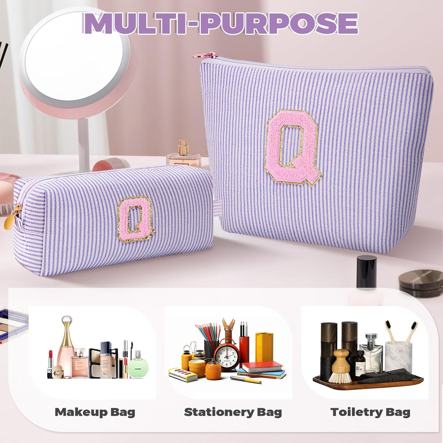 Personalized Makeup Bag for Women Girls - Fashion Cosmetic Bag Trendy Travel Toiletry Bag with Initials Letter - Teen Gifts - Lavender,Q