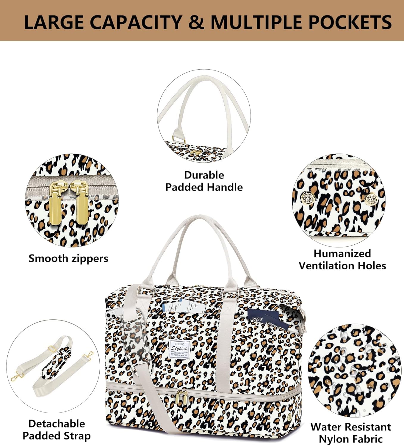 Travel Overnight Bag Weekender Bags: Large Duffle Bag Women with Shoe Compartment Carry on Overnight Bags with Toiletry Bag Gym Duffel Bag with Wet Pocket Hospital Bags for Labor and Delivery Leopard