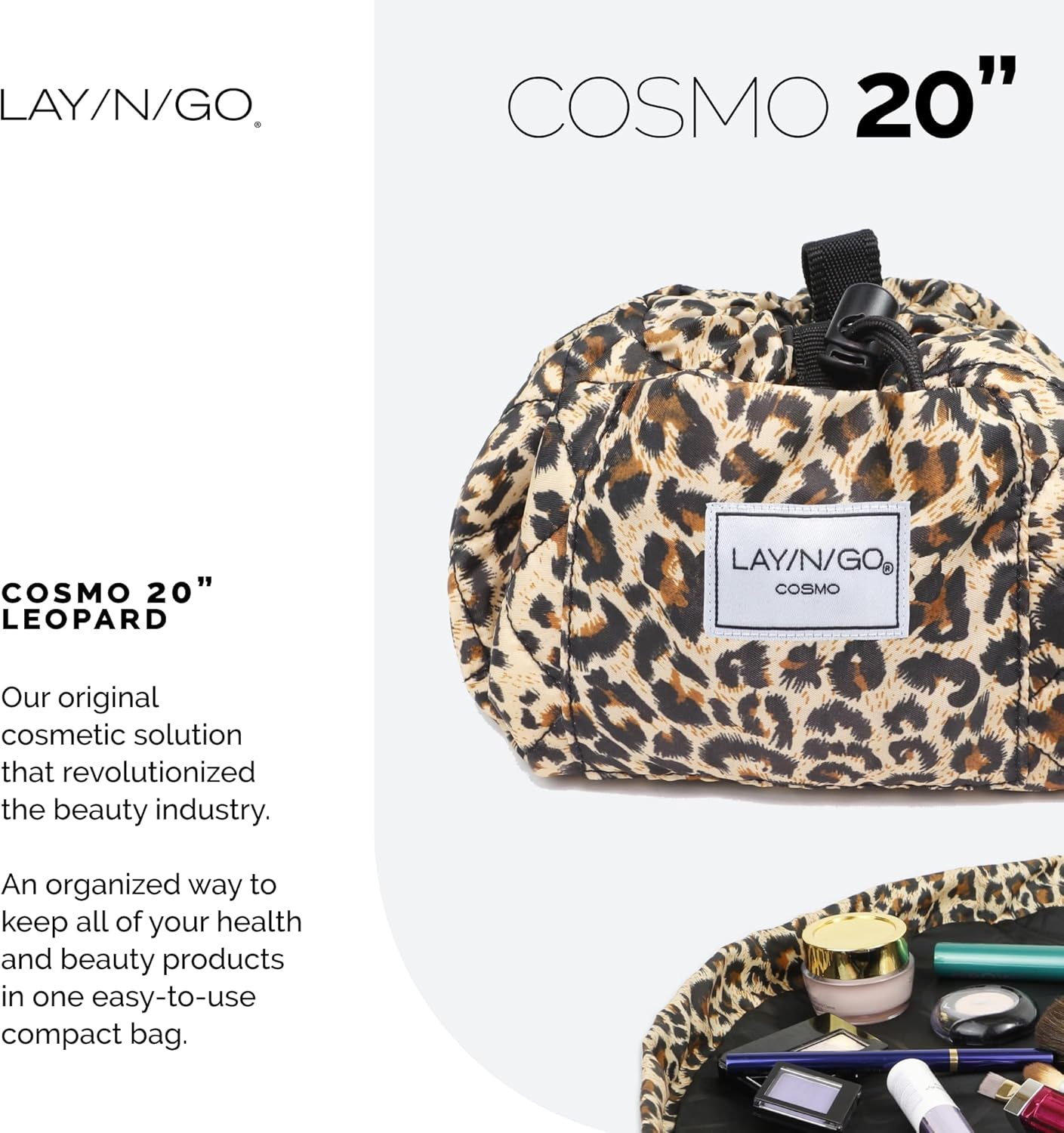 Lay-n-Go Cosmo Layflat Drawstring Cosmetic & Makeup Bag Organizer w/Zipper Pocket, Brush Loops & More, Cinch to Close, Lay Flat to Use, Durable, Machine Wash, Travel Toiletry Bag (20", Leopard)
