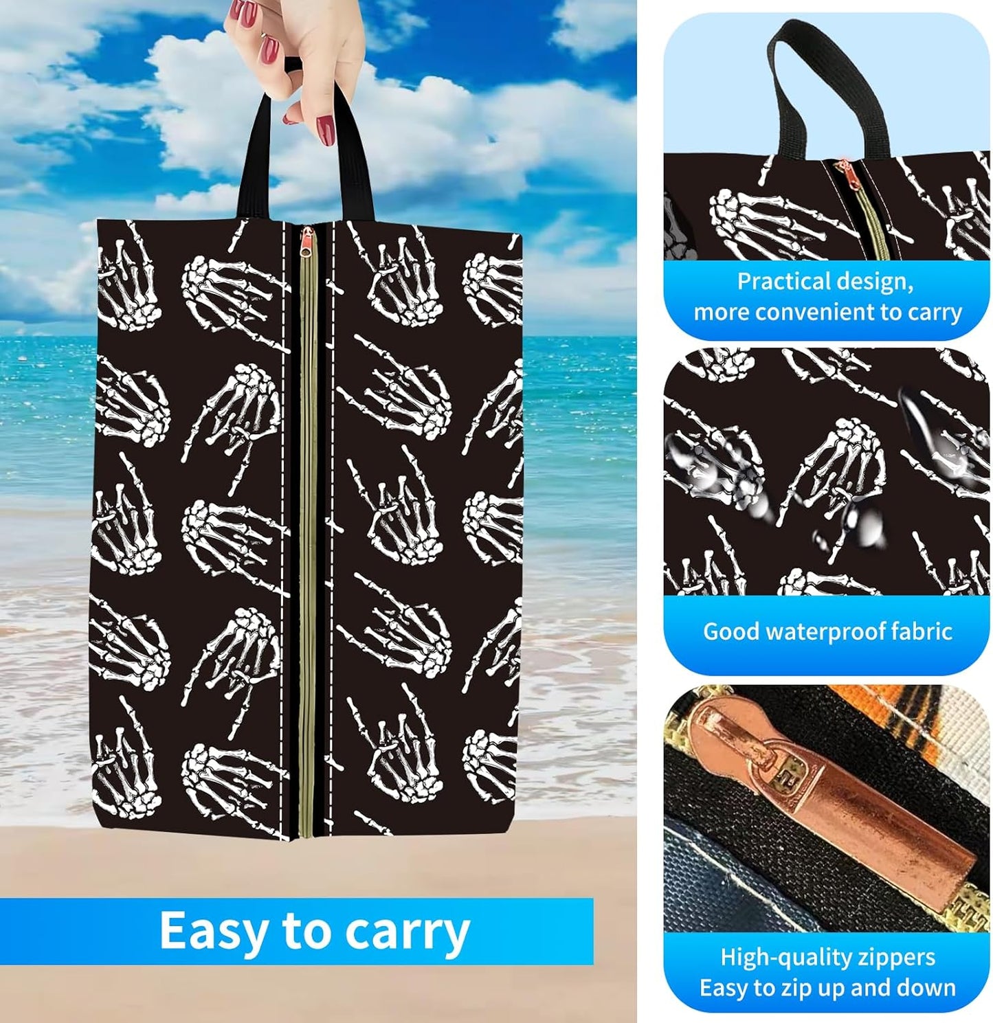 2pcs Shoe Organizer for Travel, Packing Shoe Travel Bags, Cute Shoe Bag with Zipper & Handle, Portable Travel Essentials for Women and Men Skull Finger