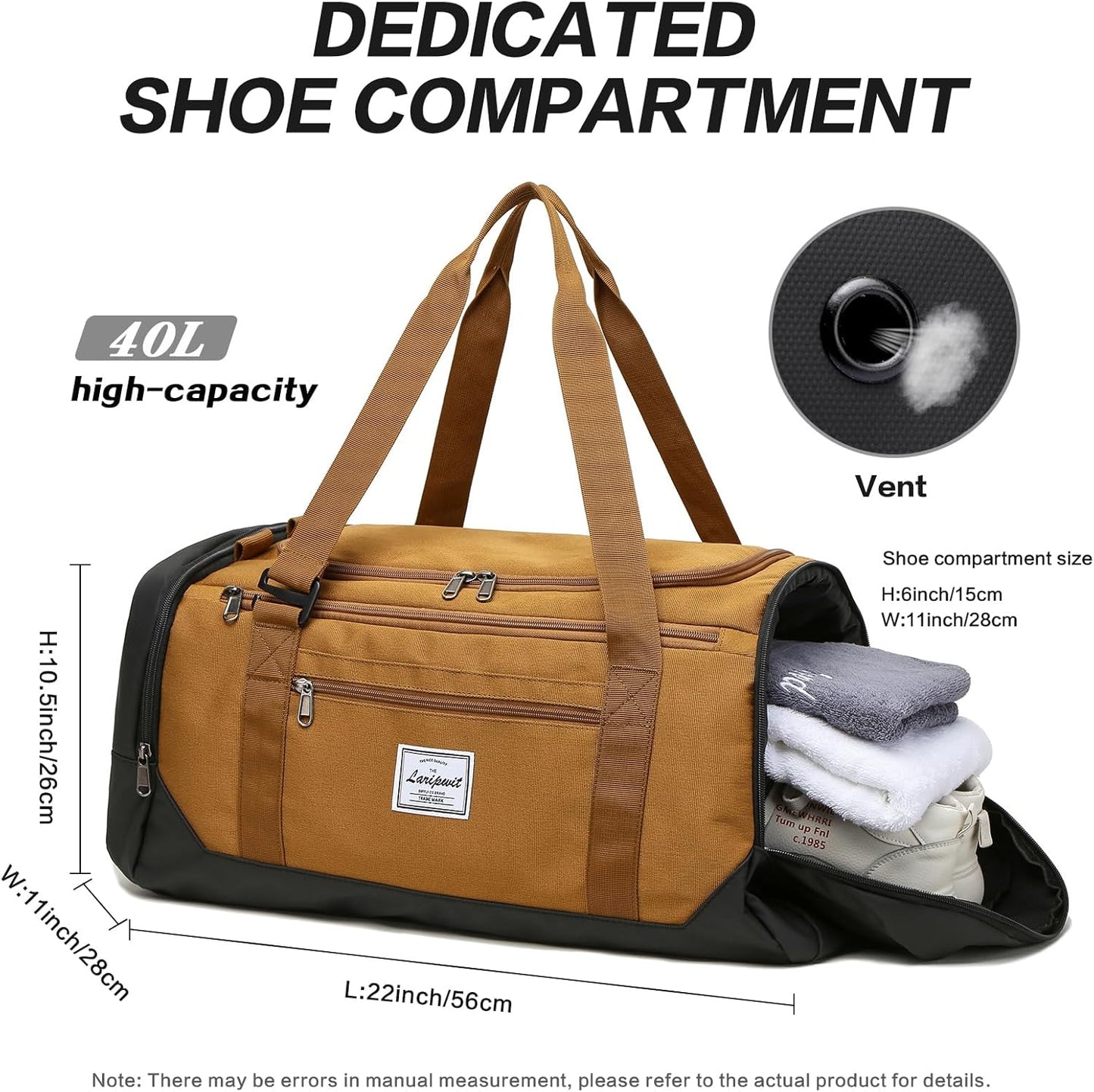 Laripwit Travel Duffle Bag for men 40L Medium Sports Gym Bag with Wet Pocket & Shoes Compartment Weekender Overnight Backpack for Traveling Duffel Bag Backpack for Women, Brown