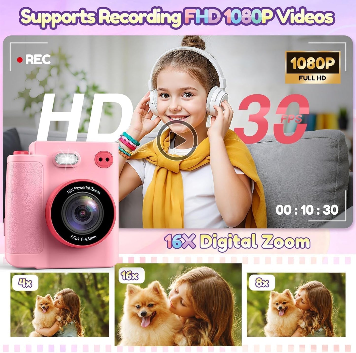 Gift for Girls Kids Camera: Instant Print Dual Lens Digital Camera Toys for Girl 3-12 Birthday Christmas Valentines Gifts for Kid Girls Boys Ages 3 4 5 6 7 8 9 10 with 32G SD Card Storage Bag Pink