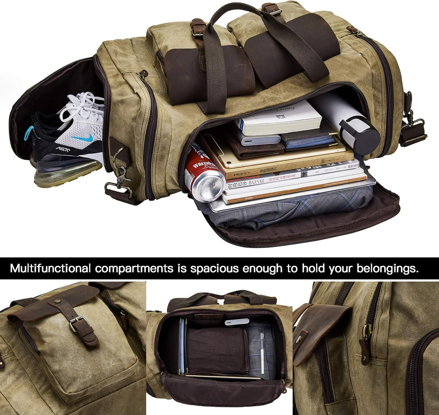 Men's Waxed Canvas Vintage Overnight Duffel Weekend Bag with Shoes Compartment (Khaki)