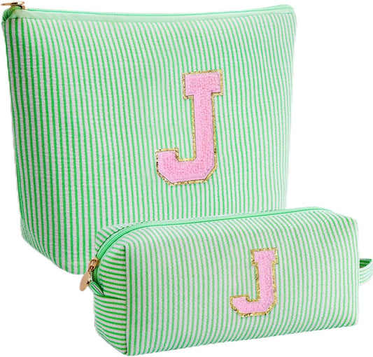 Monogrammed Gifts for Women - Cosmetic Bag for Teen,Initial Cute Makeup Bag Set for Women,Trendy Pouch for Niece Sister Friend Female Her,Birthday Gifts for Daughter - Green,J