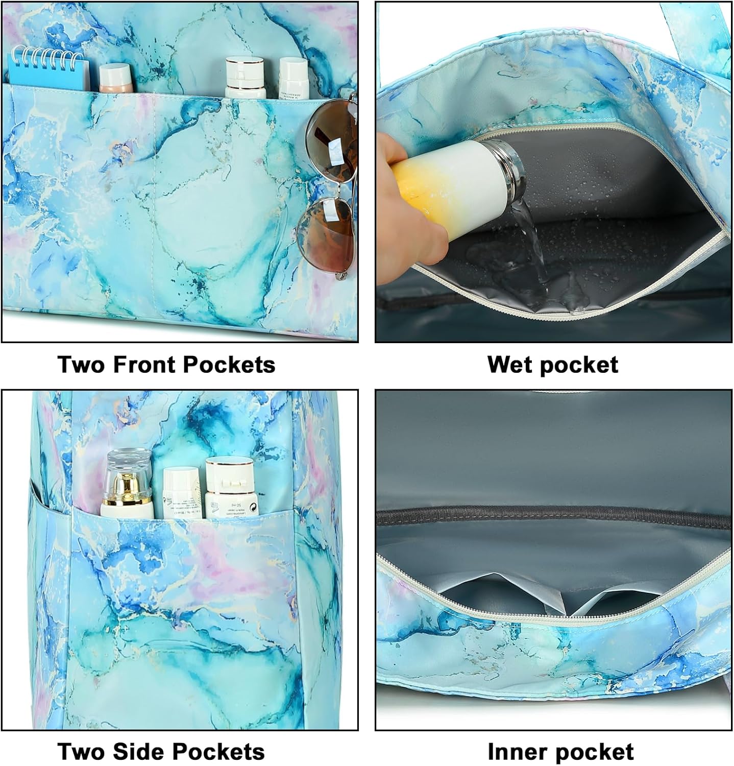 LEDAOU Beach Bag Waterproof Sandproof Women Tote Bag Pool Bag with Zipper for Gym Grocery Travel with Wet Pocket