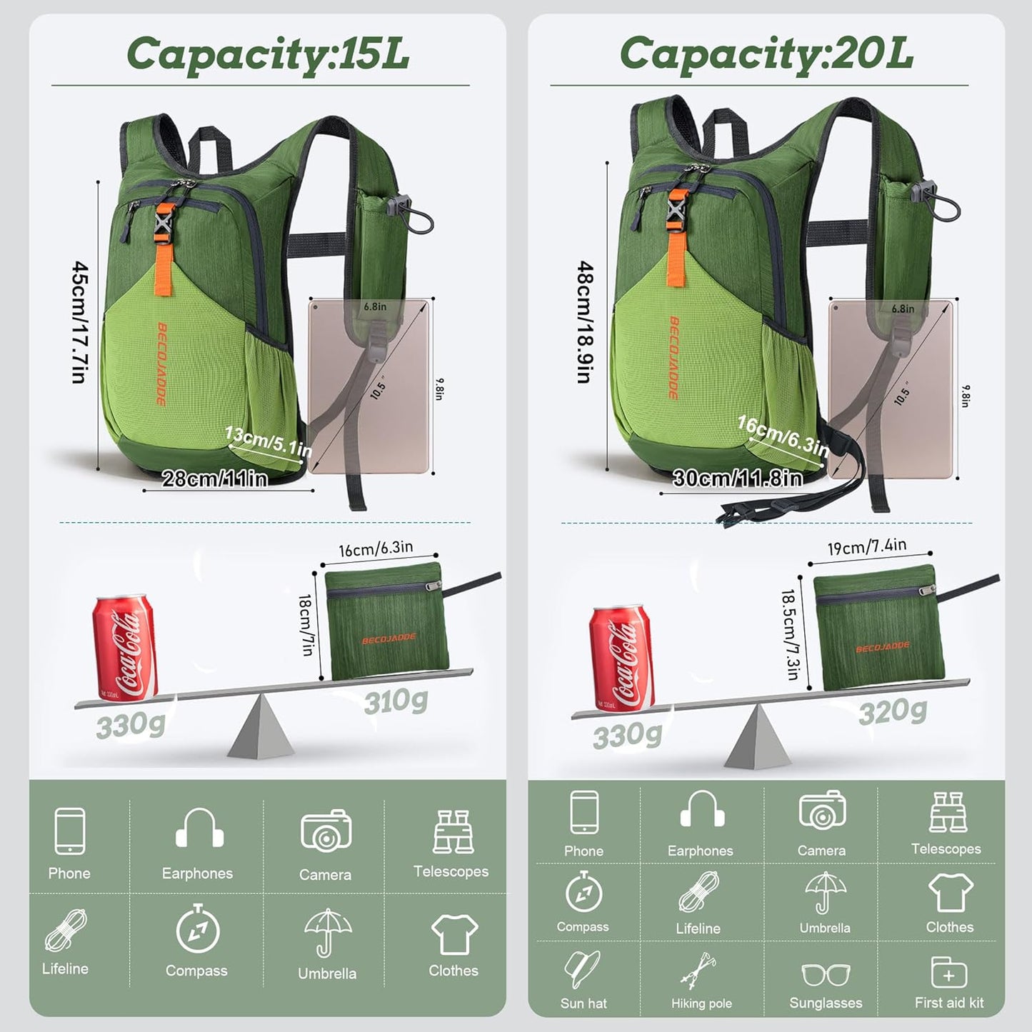 15L Small Hiking Backpack for Men Women Foldable Packable Back Pack Ultralight Hiking Daypack for Travel Camping Outdoor, Olive Green