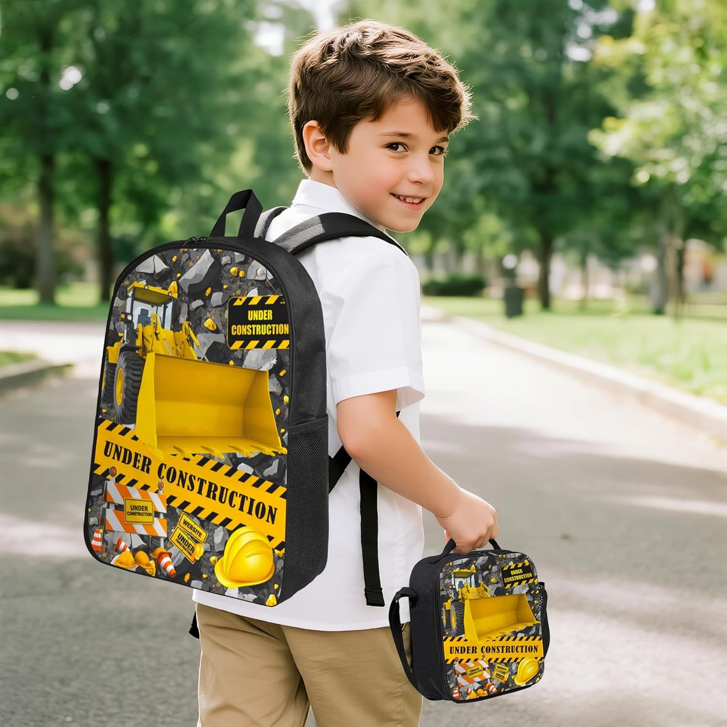 Construction Machines Cars Kid Backpack Set with Lunch Bag & Pencil Case Large Capacity School Bag 17 Inch Bookbag for Boy Girl