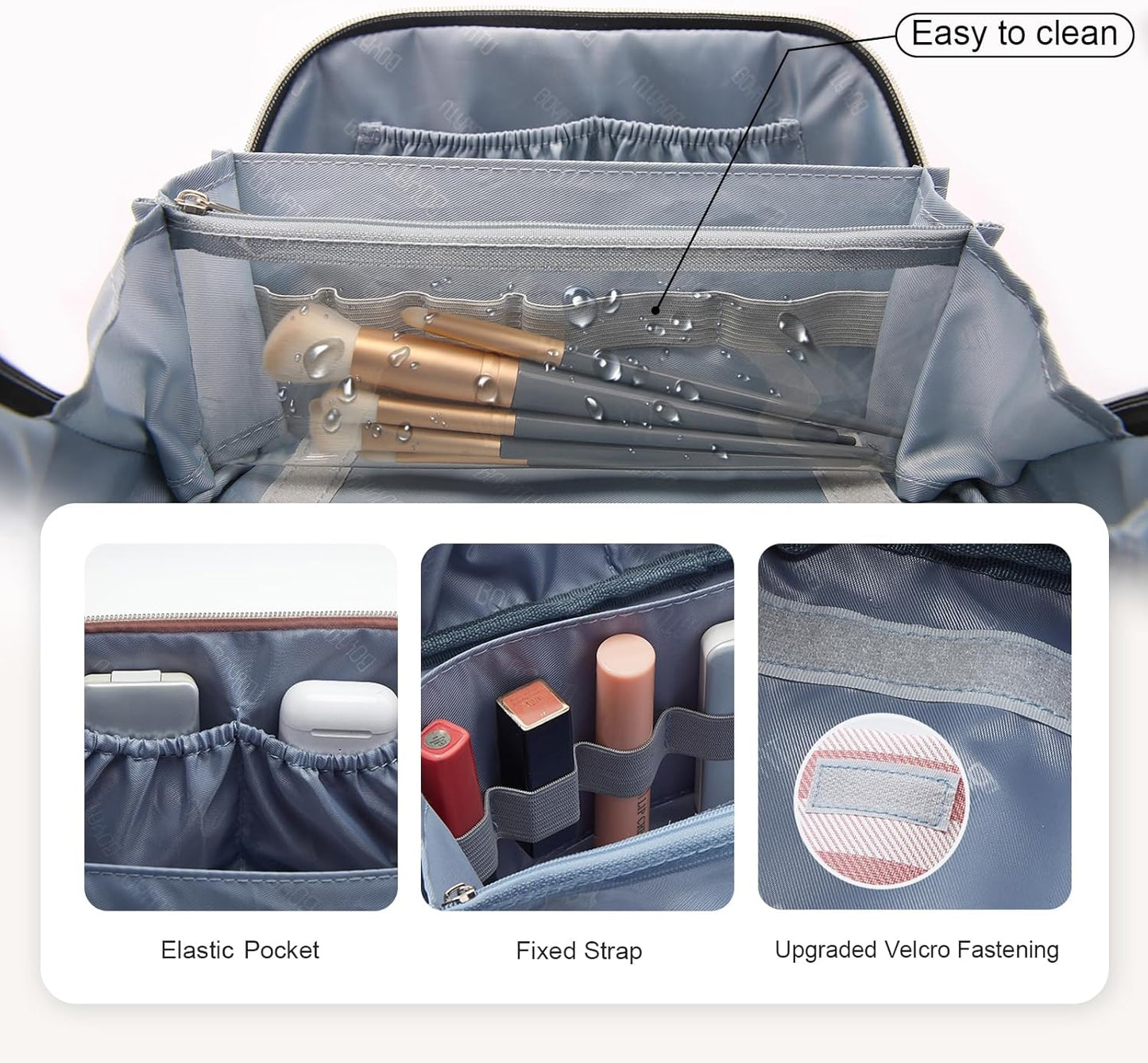 BOYATU Travel Makeup Bag for Women: Large Cosmetic Bag Set of 3 - PU Leather Make up Bag with Compartments - Compact Waterproof Toiletry Bag with Divider & Handle (B-1-Pink)