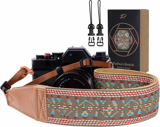 Padwa Lifestyle Matte Gold Camera Strap - 2" Full Grain Leather Ends Camera Straps for Photographers, Vintage Embroidered Cotton Weave Soft Suede Fabric Padded Strap Quick Release fits All Cameras