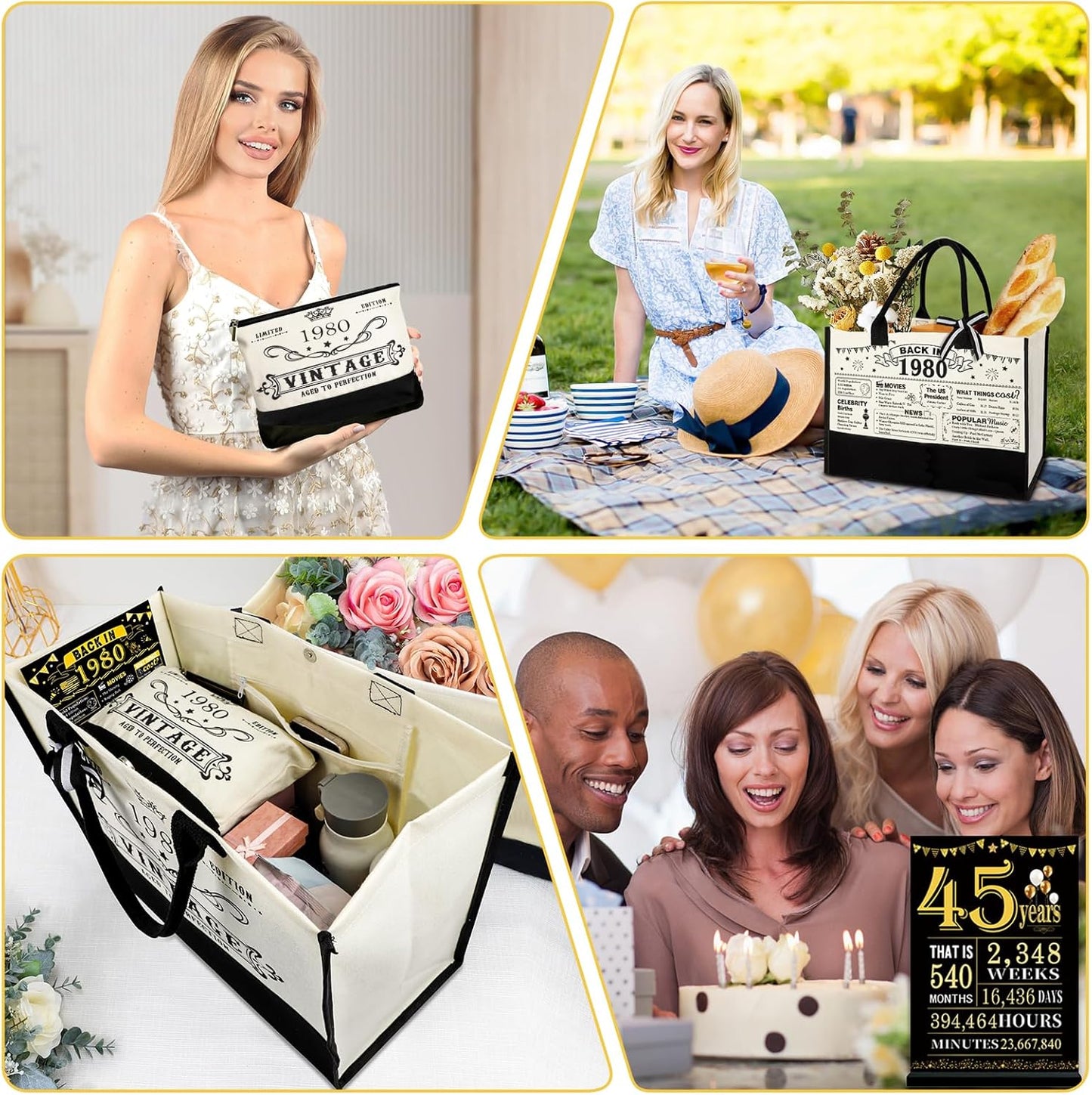 45th Birthday Gifts for Women Canvas Tote Bag Travel Gear, Unique 45 Years Old Birthday Gifts for Mom Wife Aunt Friends Her, Vintage 1980 Handbag & Cosmetic Bag & Back in 1980 Poster