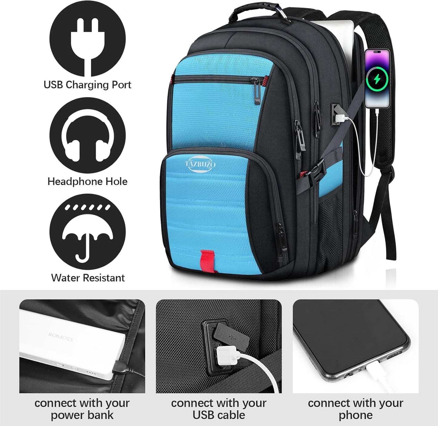 18.4 Inch Extra Large Backpack, Carry on Backpack, 55L Travel Laptop Backpack, Water Resistant Casual Hiking Daypack, Computer Bag with USB Port, College School Backpack for Men Women, Blue