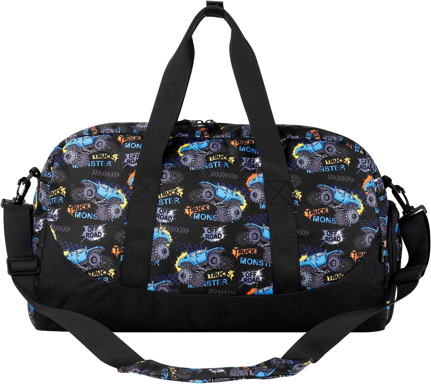 Choco Mocha Kids Monster Truck Duffle Bag - Boys Overnight Bag for Toddler Travel & Sleepover - Black