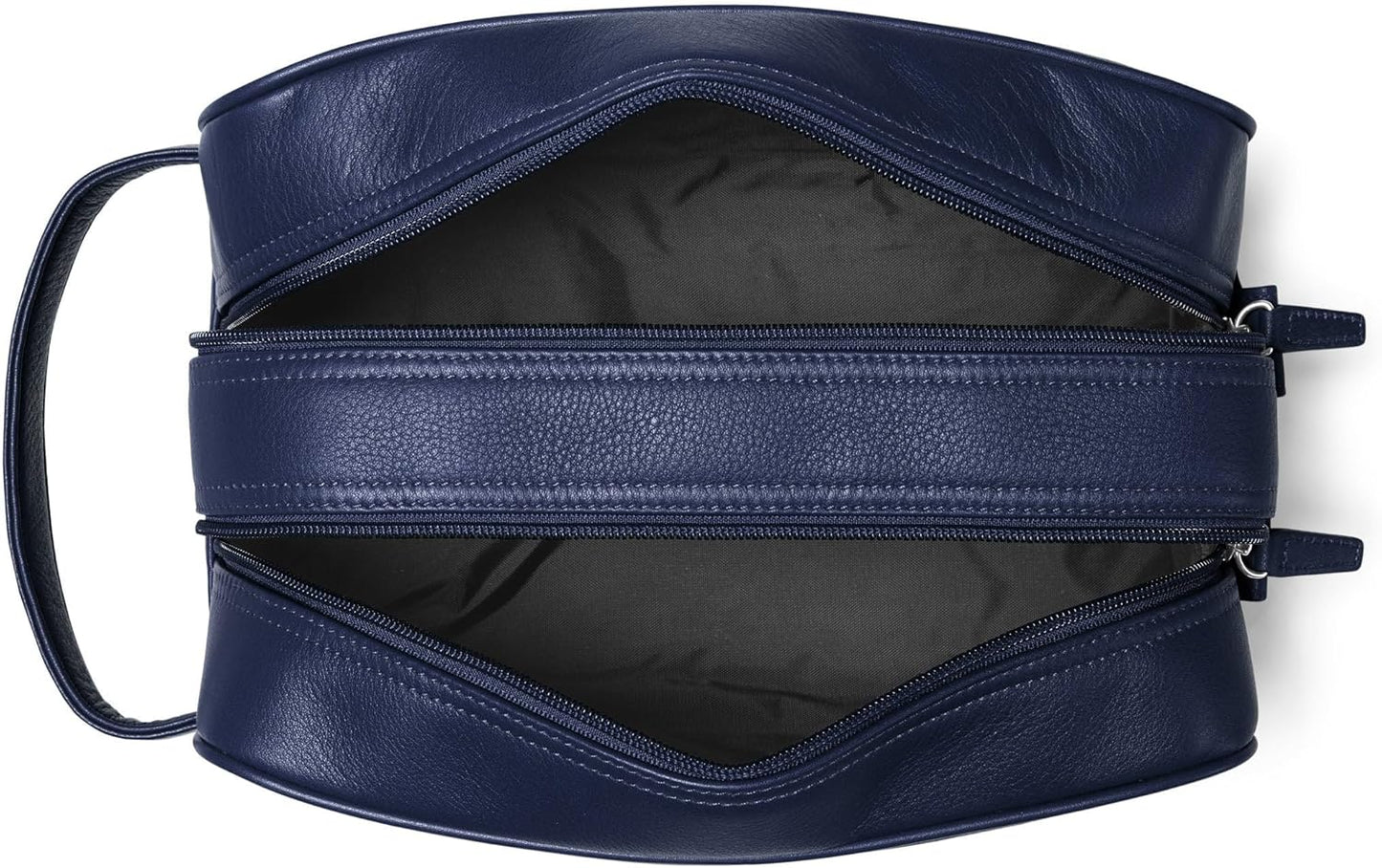 Leatherology Navy Blue Double Zip Toiletry Bag – Full-Grain Leather Men's Dopp Kit with Dual Compartments, Water-Resistant Lining & Top-Stitched Handle