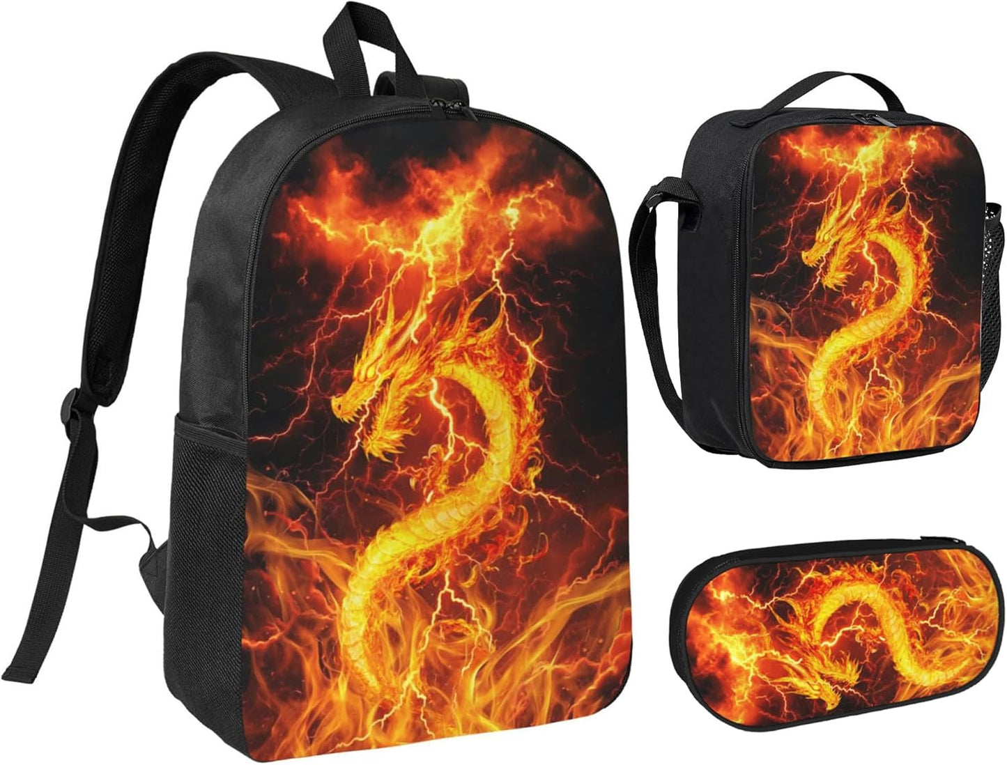 Dragon Kid Backpack Set with Lunch Bag & Pencil Case Large Capacity School Bag 17 Inch Bookbag for Boy Girl