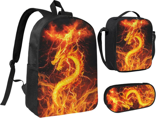 Dragon Kid Backpack Set with Lunch Bag & Pencil Case Large Capacity School Bag 17 Inch Bookbag for Boy Girl