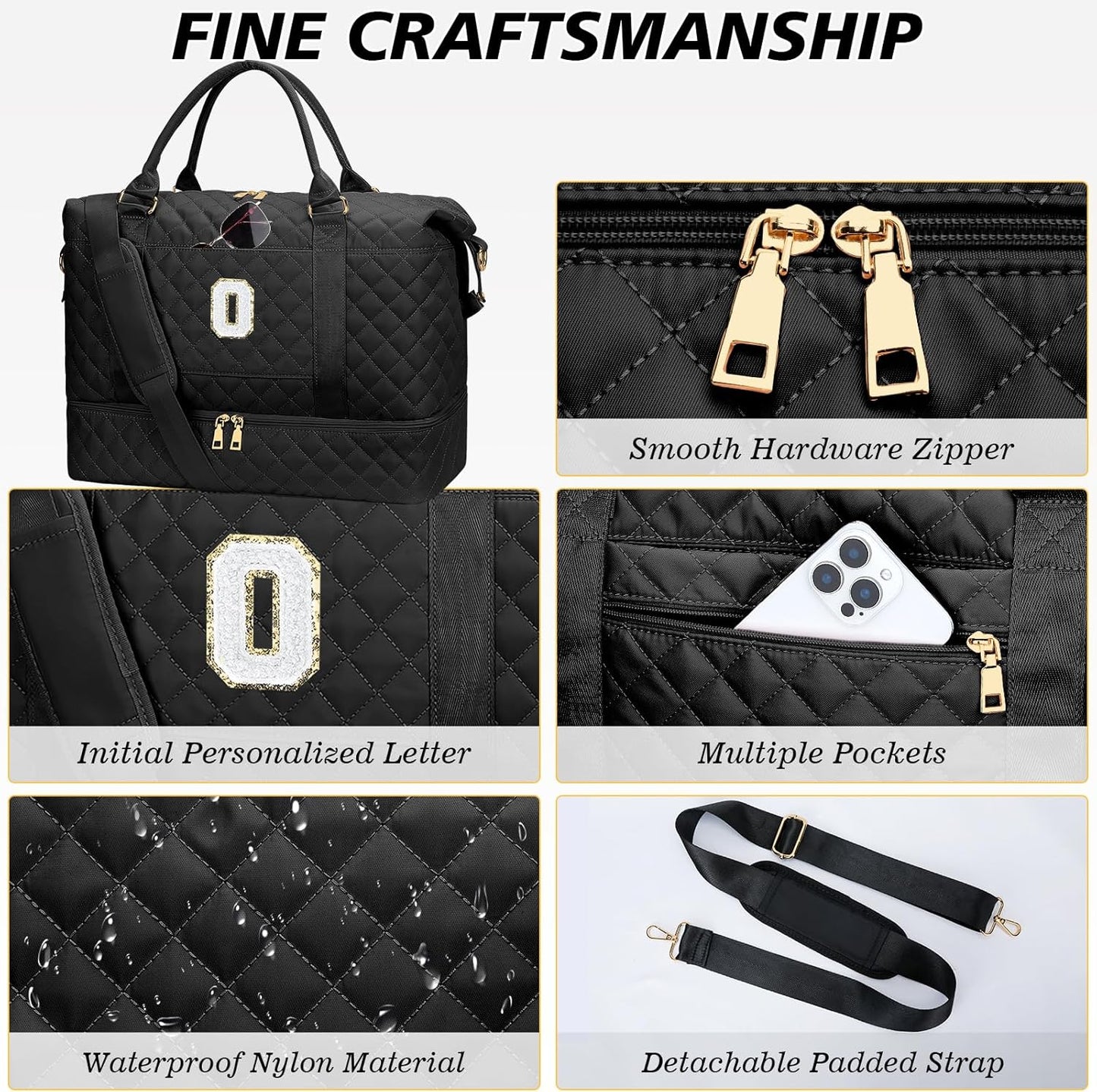 Gifts for Women Girls Birthday Christmas Initial Travel Duffle Bag Quilted Weekender Bags Carry-On Overnight with Cosmetic Bag, Hospital Bag for Women Labor Delivery, Black O