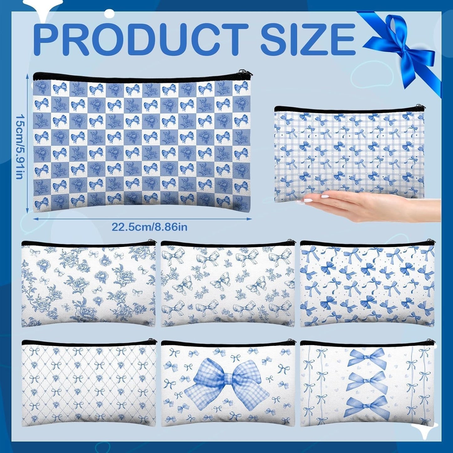 16 Pcs Bow Makeup Bags Bulk for Women Blue Coquette Aesthetic Preppy Cosmetic Bags Bow Floral Canvas Toiletry Bags Aesthetic Travel Zipper Pouches for Bridesmaids Wedding Party Favors Supplies