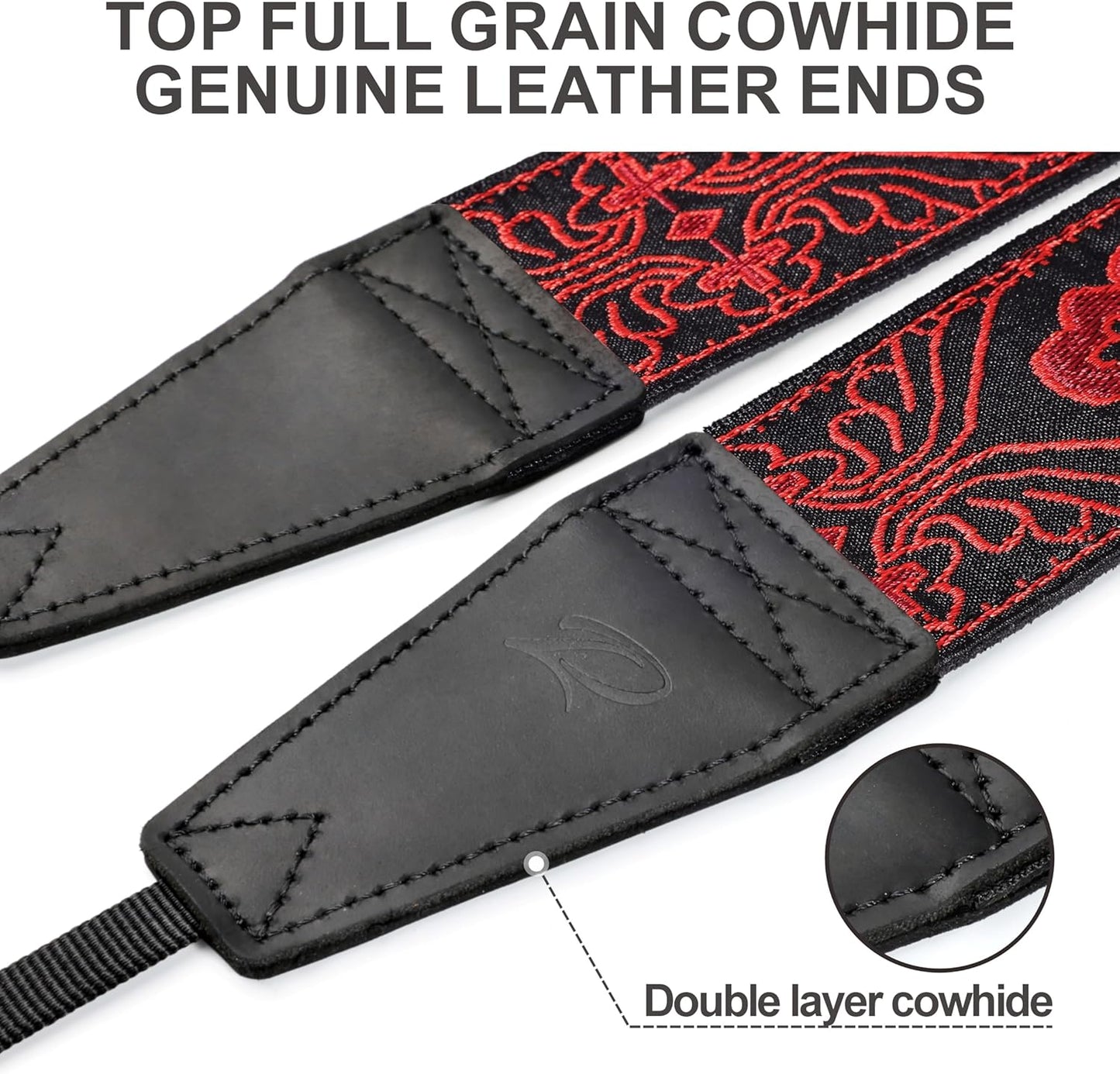Padwa Lifestyle Camera Strap - 2" Full Grain Leather Ends Camera Straps for Photographers, Vintage Red Embroidered Cotton Weave Soft Suede Fabric Padded Strap Quick Release fits All Cameras