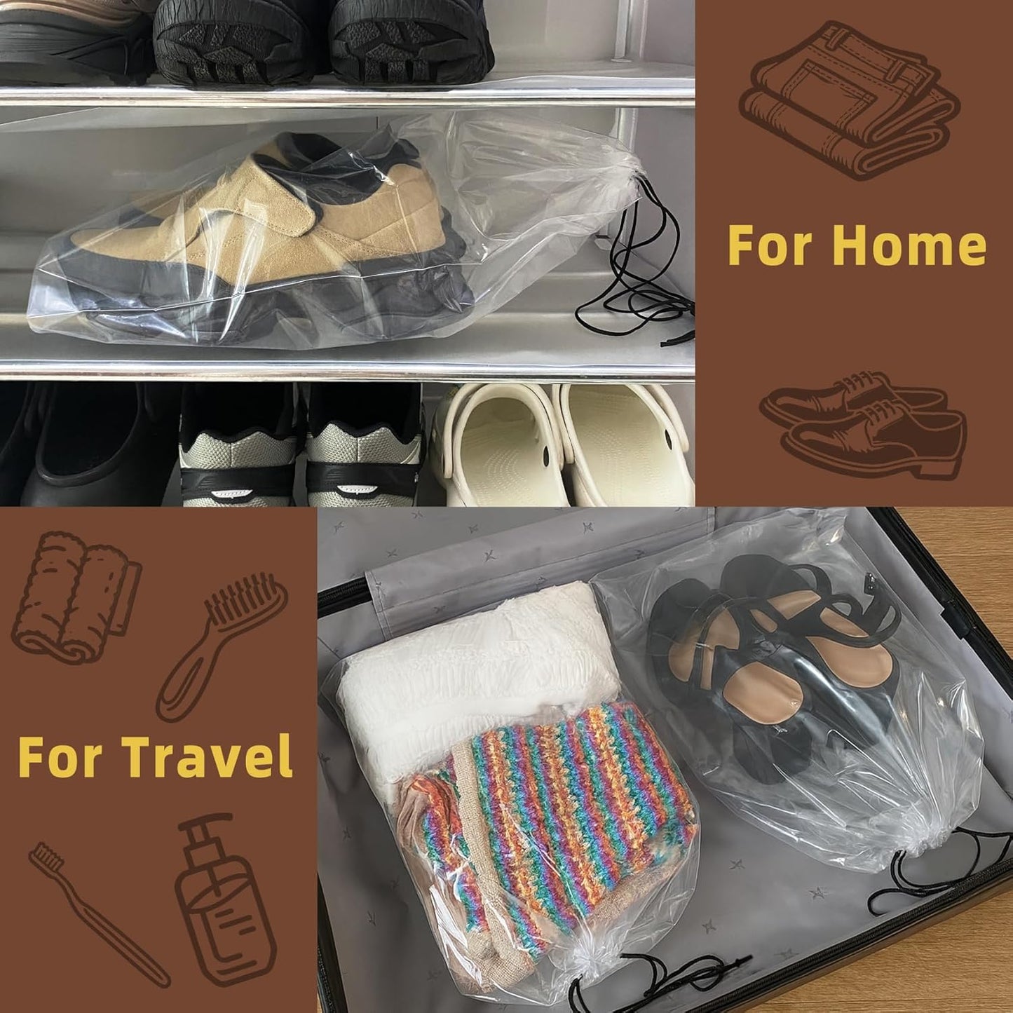 100 Pack Clear Shoe Bags for Travel, 12"x18" Large Travel Shoe Bags for Storage and Packing, Waterproof Drawstring Shoe Bag for Traveling, Bulk Travel Essentials for Men and Women