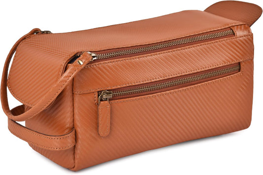 LEATHER VILLAGE Premium Carbon Fiber Genuine Leather Travel Toiletry Bag - Large Compact Dopp Kit, Water-Resistance Shaving & Cosmetic Organizer for Men & Women - Tan