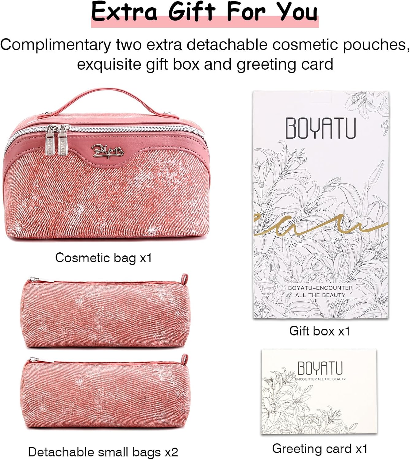 BOYATU Travel Makeup Bag Cosmetic Bags for Women: 3 Sets Large Capacity Make up Bag - Portable Toiletry Bags with Handle for Women(F-5-Rosy Red)