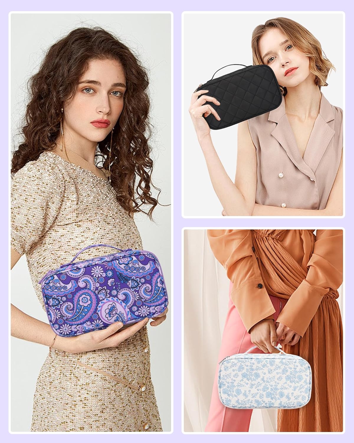 Relavel Travel Makeup Bag, Small Floral Cosmetic Bag with Makeup Brush Compartment, Portable Makeup Pouch for Women, Double Layer Cute Toiletry Organizer Bag, Purple Flower