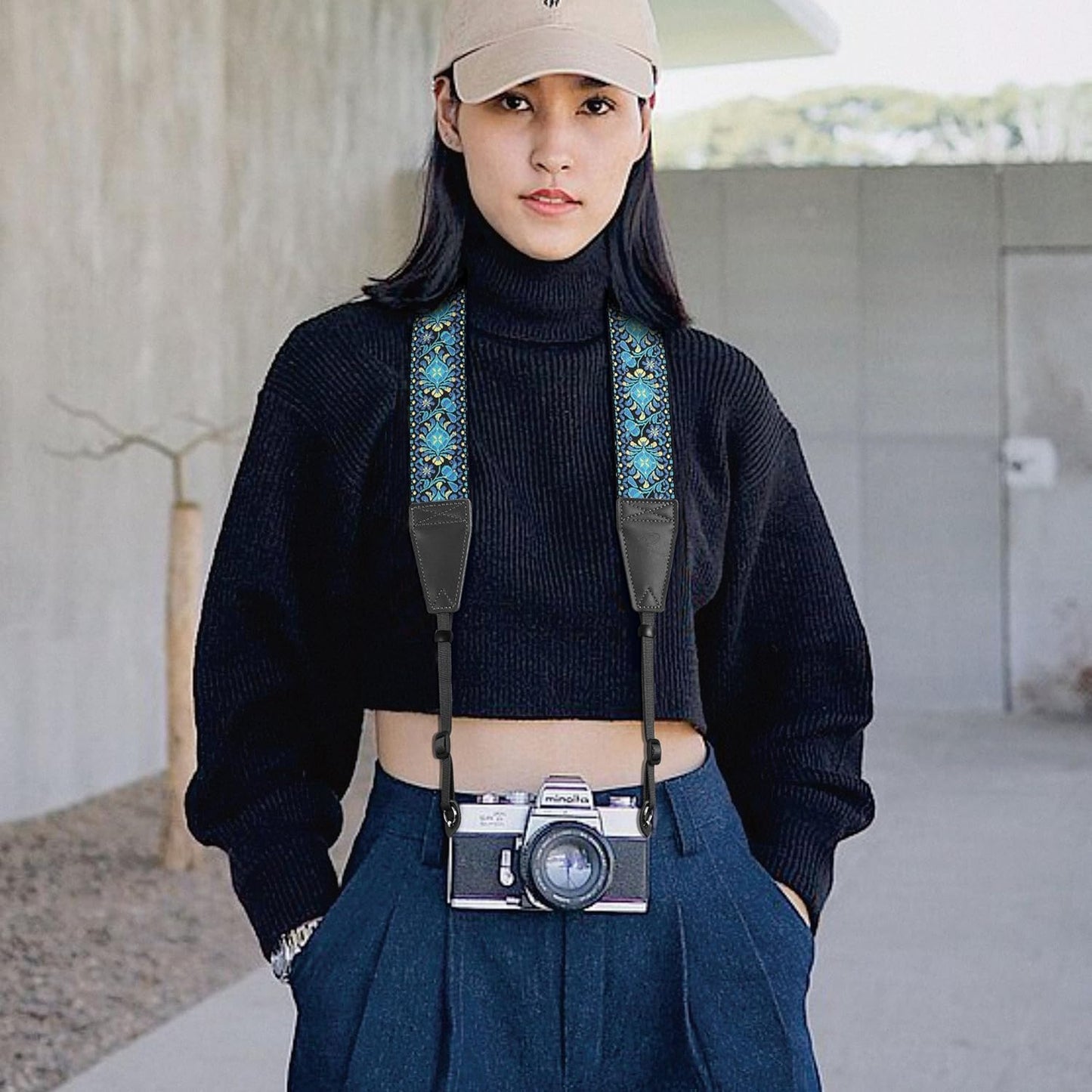 Padwa Lifestyle Camera Strap - 2" Full Grain Leather Ends Camera Straps for Photographers, Vintage Embroidered Cotton Weave Soft Suede Fabric Padded Strap Quick Release fits All Cameras