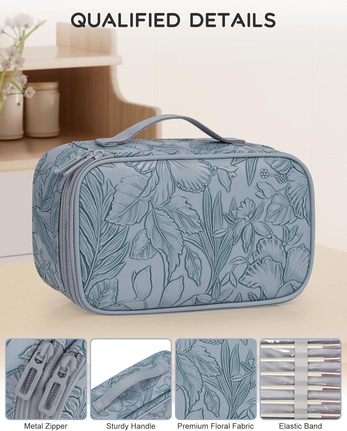 Relavel Cute Makeup Bag for Girls, Portable PU Leather Cosmetic Bag, Dual-layer Makeup Pouch with Brush Holder, Multi-Functional Preppy Toiletry Organizer for Travel, Daily Use - Flora Butterfly
