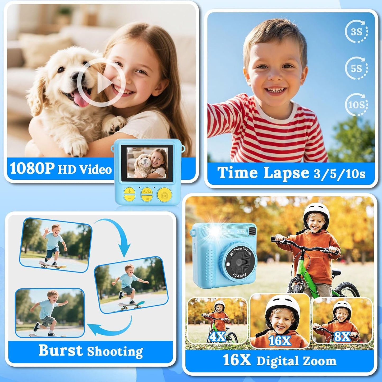 Instant Print Camera for Kids, Kids Cameras Ages 3-12, Digital Toy for Girls & Boys, Christmas and Birthday Gift, Portable HD Video Recorder with 32GB SD Card (Blue)