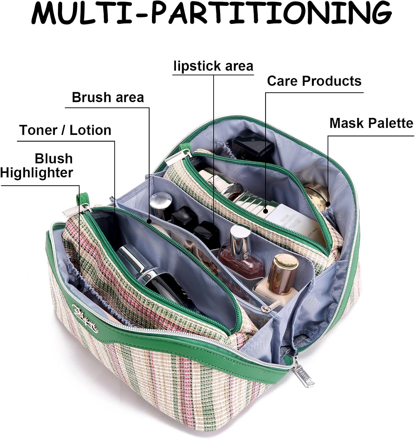 BOYATU Travel Makeup Bag for Women: Large Capacity Open Flat Make up Bag Set of 3 - Vegan Leather Cosmetic Bag with Compartments - Waterproof Toiletry Bag with Handle & Divider(I-3-Green)