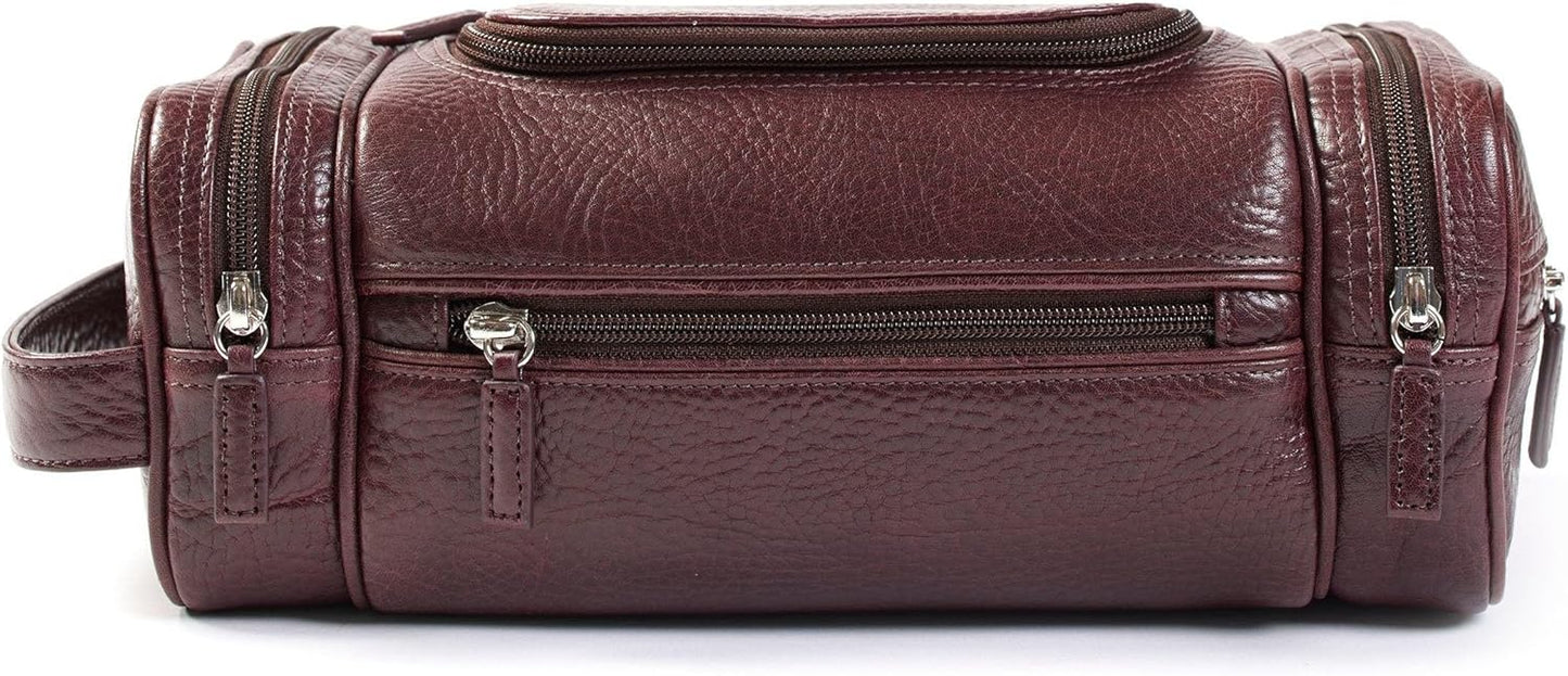Leatherology Premium Espresso Multi Pocket Toiletry Bag - Main top zippered compartment with additional side and front zippered pockets