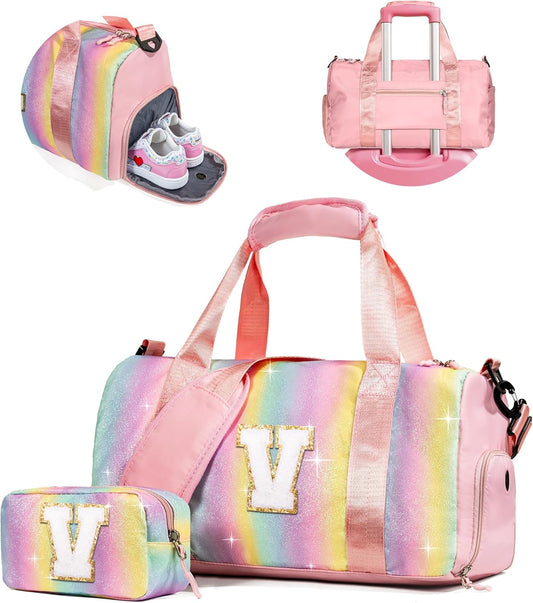 7 Year Old Girl Gifts-Girl Gym Bag with Shoe Compartment, Kid Personalized Weekender Overnight Bags, Initial Travel Tote with Makeup Pouch, Girls Kids Gift (Letter V)