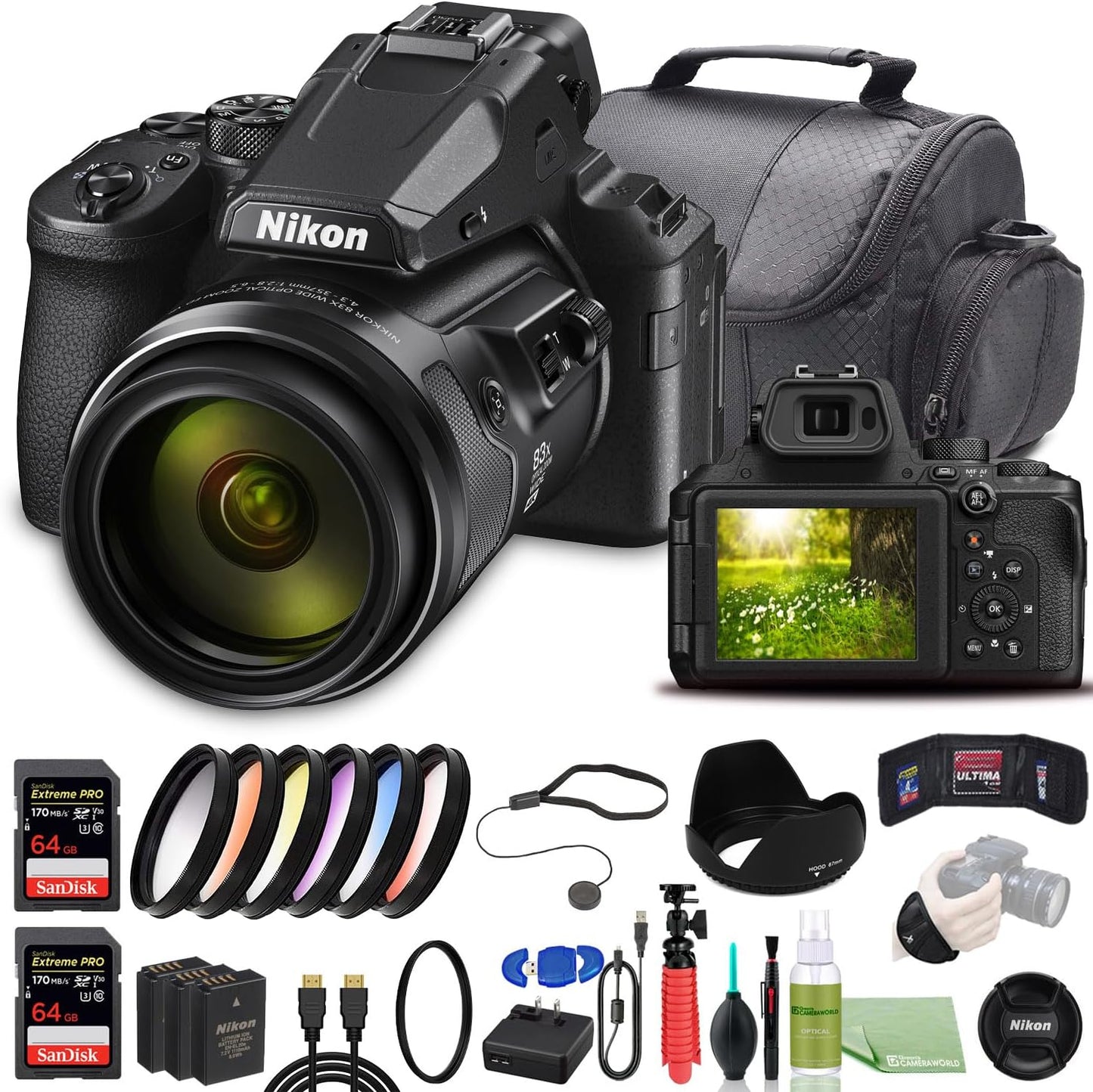 Nikon COOLPIX P950 Digital Camera - Bundle - (26532) + Color Multicoated 6pcs Filter Set + 2X EN-EL20 Battery + 2X SanDisk?Extreme PRO 64GB Card + Large Case + 12 Inch Flexible Tripod + More