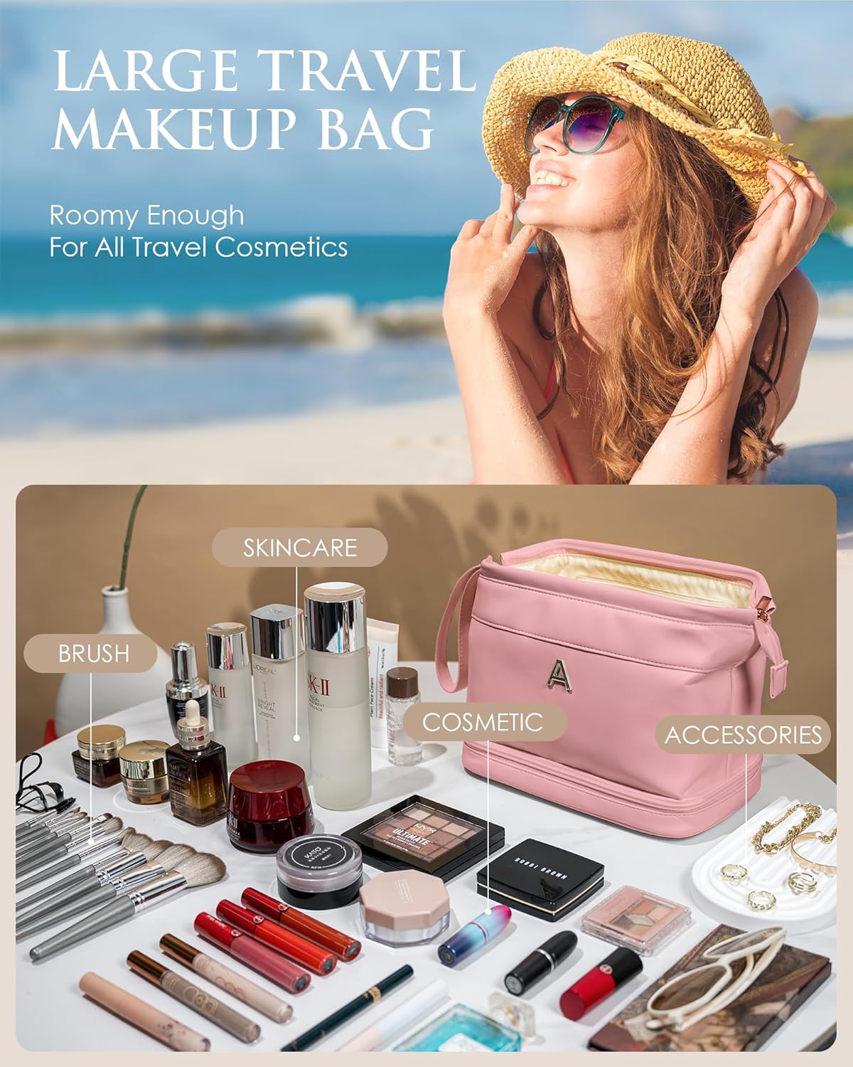 Gifts for 10 11 12 13 14 15 16 17 18 Year Old Girls, IMakeup Bags, Personalized Double Layer Cosmetic Bag with Makeup Brush Organizer, Gifts for Women Girlfriend Friends Female Mom Sister