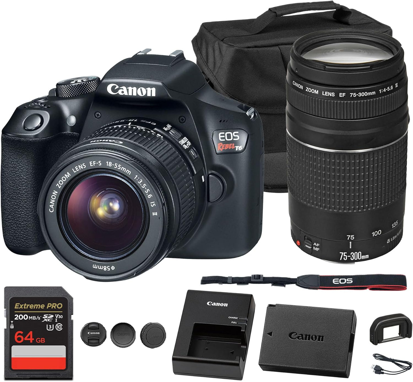 Canon EOS Rebel T6 DSLR Camera with 18-55mm Lens| 18MP APS-C CMOS Sensor, Built-In Wi-Fi & Full HD Video| Great for Travel & Everyday Photography (1159C003) + Canon EF 75-300mm f/4-5.6 III Lens + More