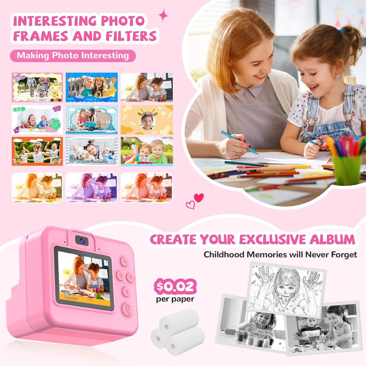 Instant Print Camera for Kids - Christmas Birthday Girls Gifts for Age 3 4 5 6 7 8 9 10 Year Old, 2.4 Inch Screen Kids Instant Camera, Kid Digital Video Cameras Toys with 32 GB SD Card