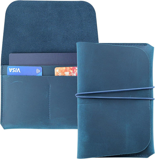 Leather Passport Holder with Travel Wallet, Genuine Leather Passport Cover- Passport Wallet, Leather Folding Wallet for Passports (Strap, Blue)