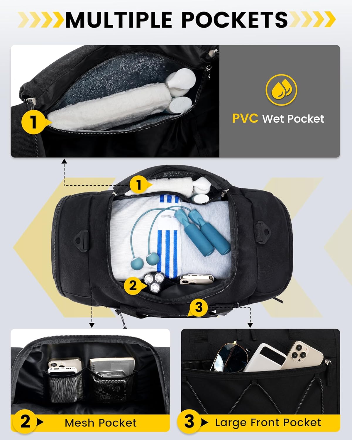 Vorspack Gym Bag for Men - 21 Inches Duffle Bag for Travel Water-resistant Travel Bag with Shoe Compartment Wet Pocket Duffel Bag for Gym Sports Travel Weekender Overnight - Black