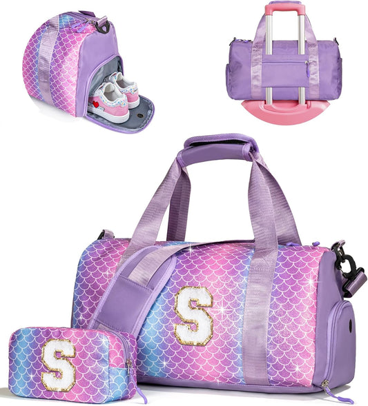 Travel Stuff for Kids-Girl Gym Bag with Shoe Compartment, Kid Weekender Dance Bags, Initial Travel Tote with Makeup Pouch, Gift for 3 4 5 6 7 8 9 10 11 12 Year Old Girls (Letter S)