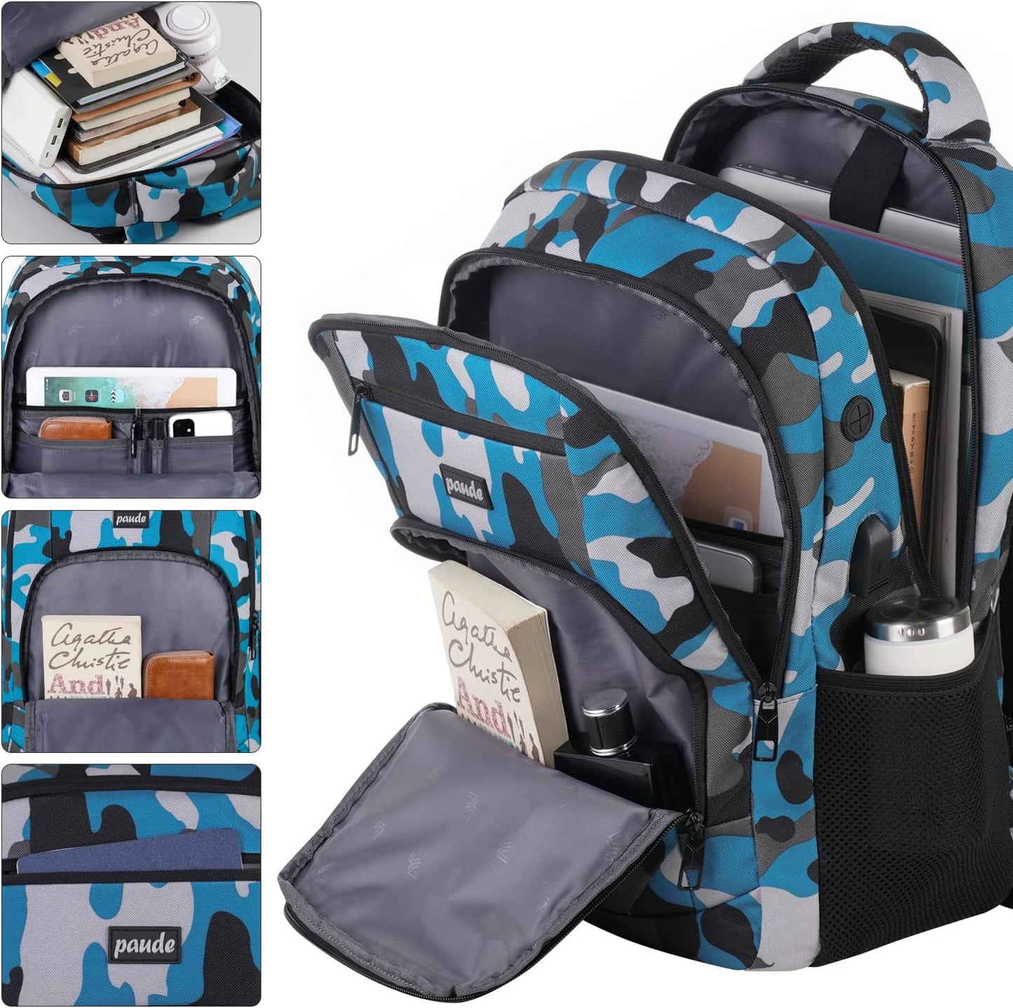 17 inch Backpack for Men,College Backpack School Bookbag for Teens,Travel Laptop Bookbag with USB Port and Headphone Hole,Camouflage Blue