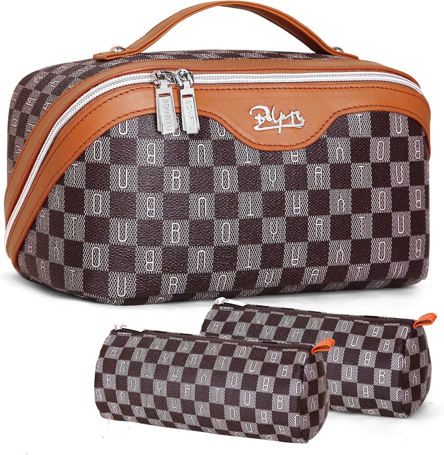 BOYATU Travel Makeup Bag Cosmetic Bags for Women: 3 Pcs Set Portable Make up Bag with Handle - Vegan Leather Toiletry Bags with Compartments - Makeup Organizer for Travel Essentials(C-2-Brown)