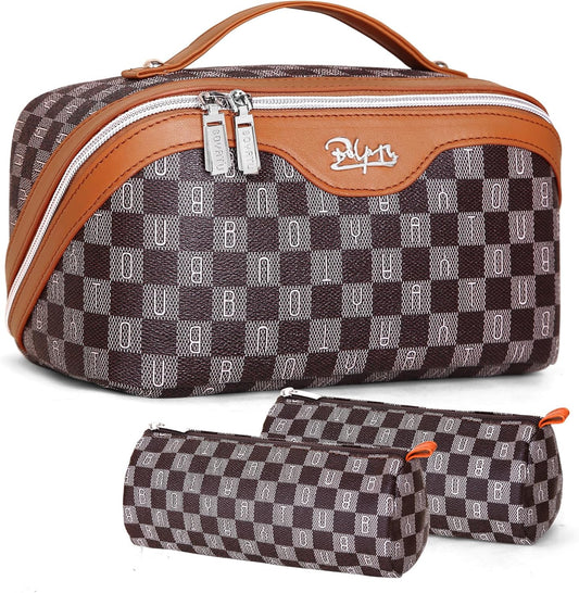 BOYATU Travel Makeup Bag Cosmetic Bags for Women: 3 Pcs Set Portable Make up Bag with Handle - Vegan Leather Toiletry Bags with Compartments - Makeup Organizer for Travel Essentials(C-2-Brown)