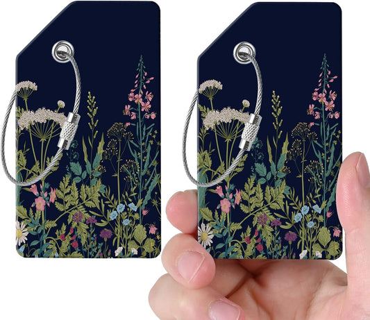 2 luggage tags, (1" smaller than traditional) perfect for quick luggage identification with stainless steel ring and address card for travel and luggage (Flower)