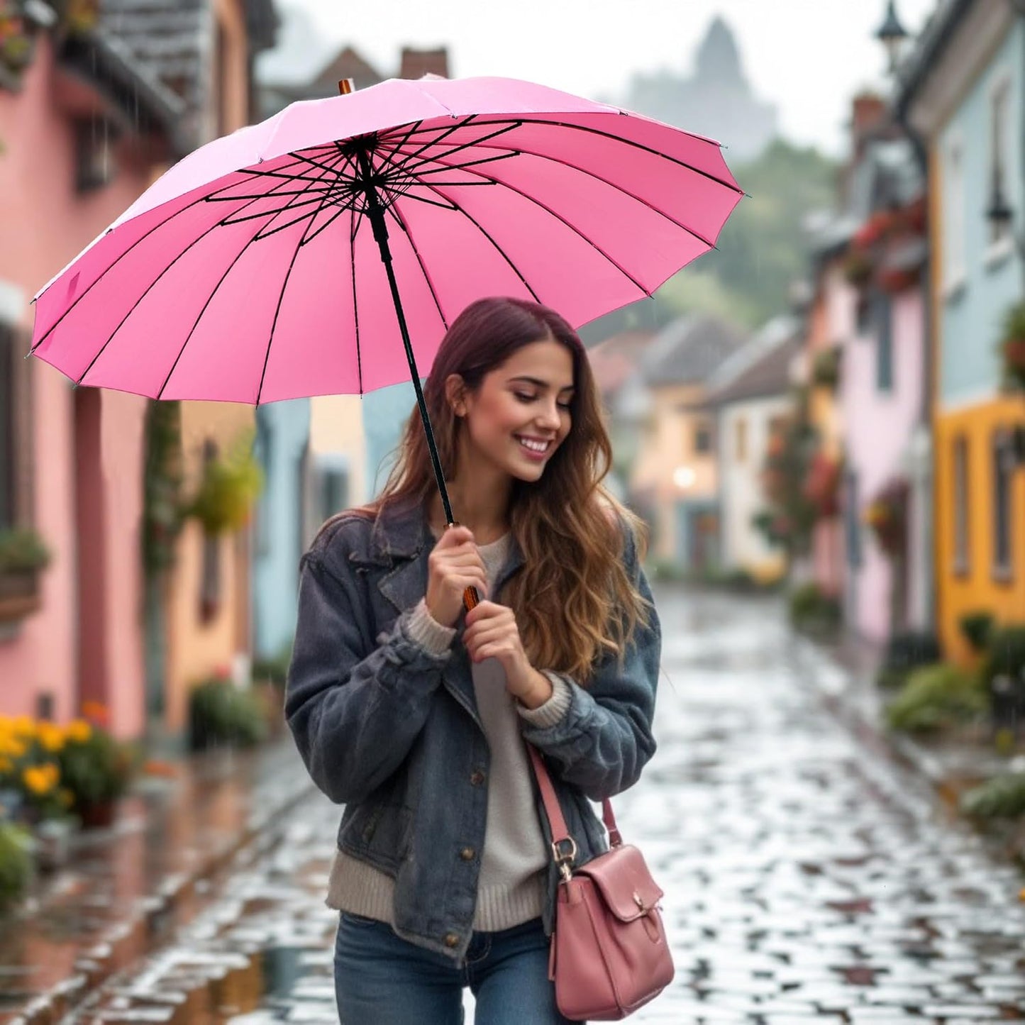 SoulRain 16 Ribs 48" Stick Umbrella Auto Open Solid Color Fashionable and Simple，Arc Classic Wood Handle，Windproof Unbreakable Stick Rain Umbrella