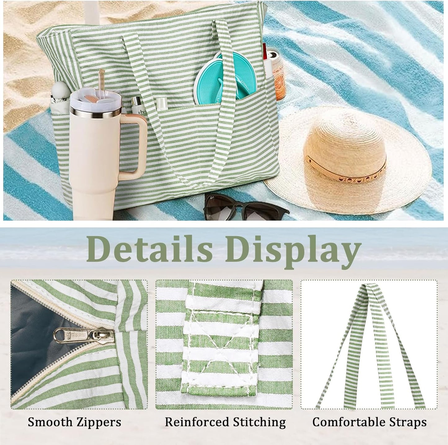 LEDAOU Large Beach Tote Bag Women Waterproof Sandproof Zipper Beach Tote Bag for Pool Gym Grocery Travel with Wet Pocket